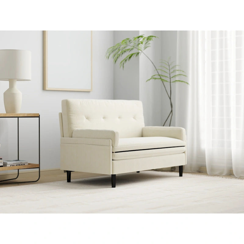 55 Inch Convertible Corduroy Loveseat, Multi-Function Sofa Lounge Chair Bed, Ivory