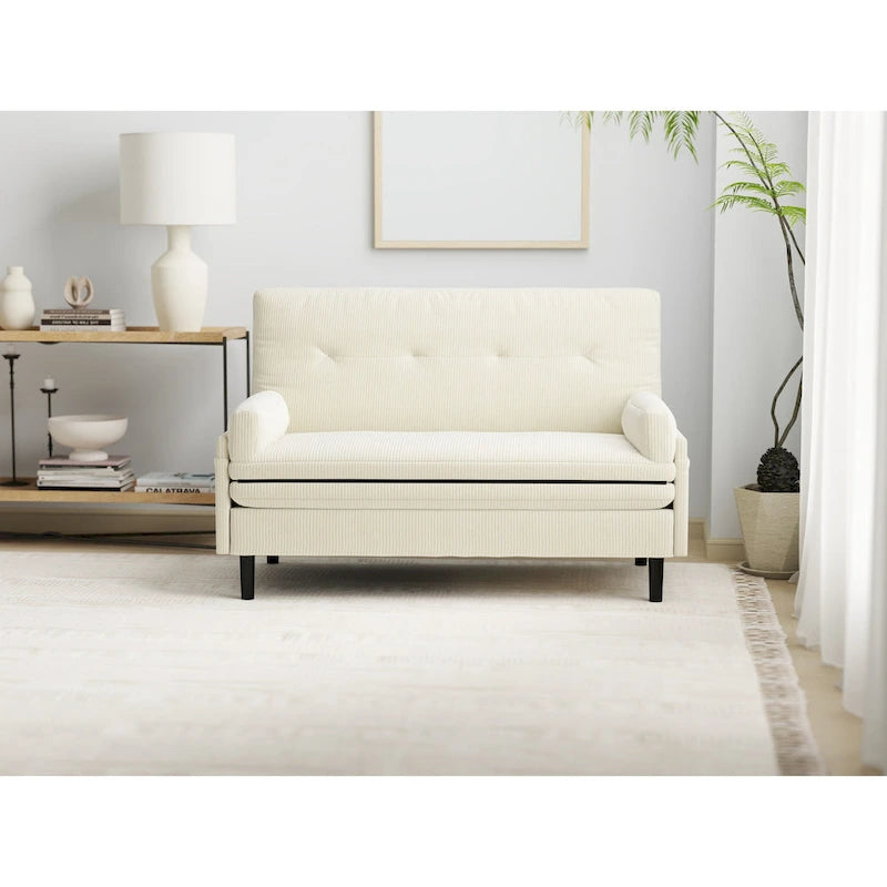 55 Inch Convertible Corduroy Loveseat, Multi-Function Sofa Lounge Chair Bed, Ivory