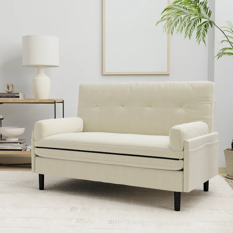 55 Inch Convertible Corduroy Loveseat, Multi-Function Sofa Lounge Chair Bed, Ivory
