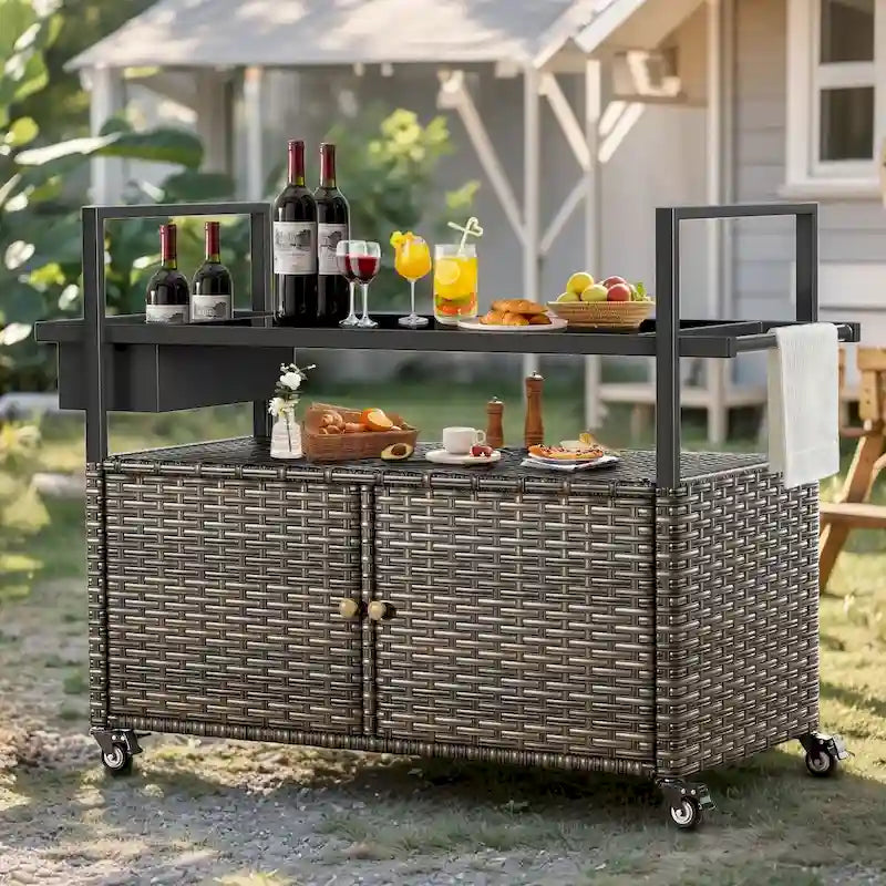Outdoor Grill Cart Table with Wheels, Wicker Kitchen Island