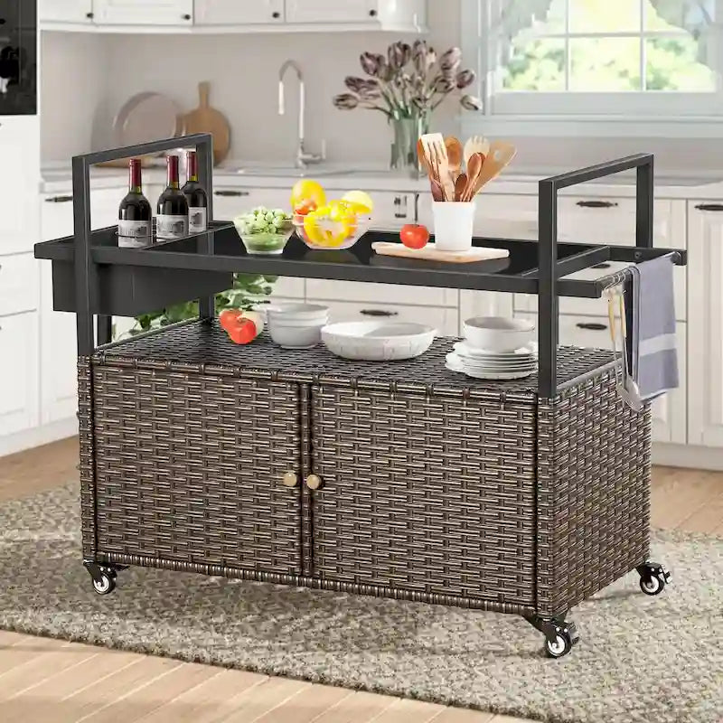 Outdoor Grill Cart Table with Wheels, Wicker Kitchen Island
