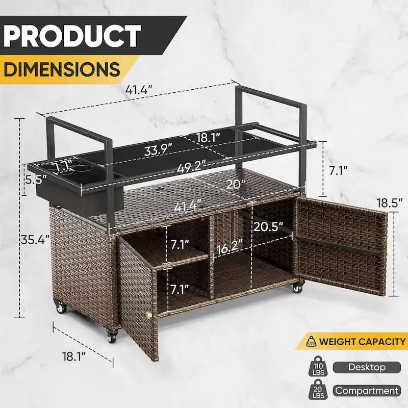 Outdoor Grill Cart Table with Wheels, Wicker Kitchen Island