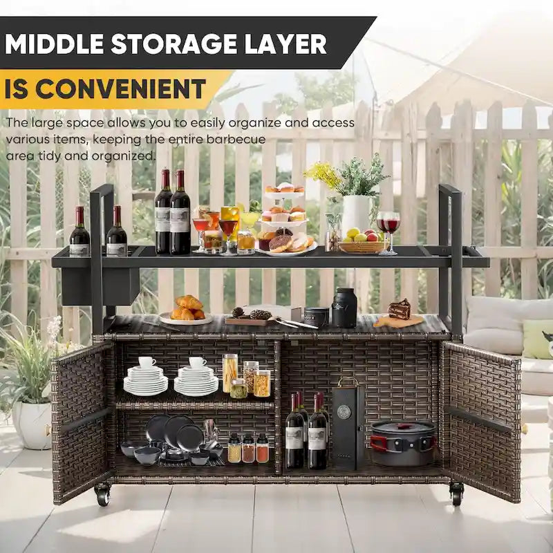 Outdoor Grill Cart Table with Wheels, Wicker Kitchen Island