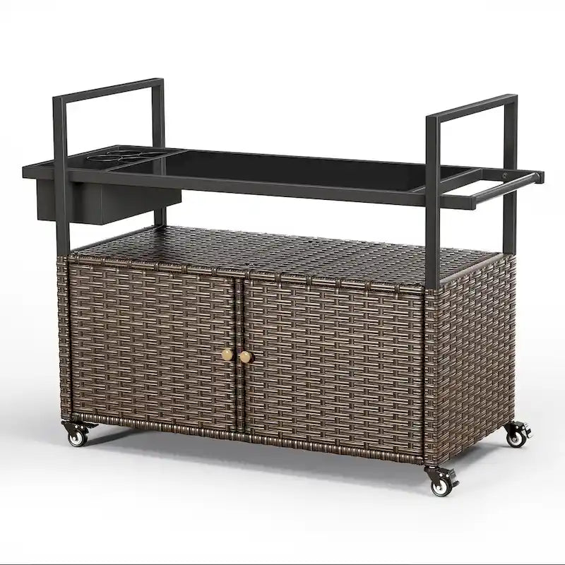 Outdoor Grill Cart Table with Wheels, Wicker Kitchen Island