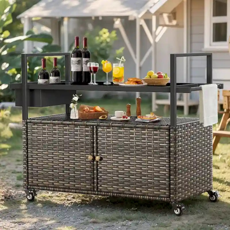 Outdoor Grill Cart Table with Wheels, Wicker Kitchen Island