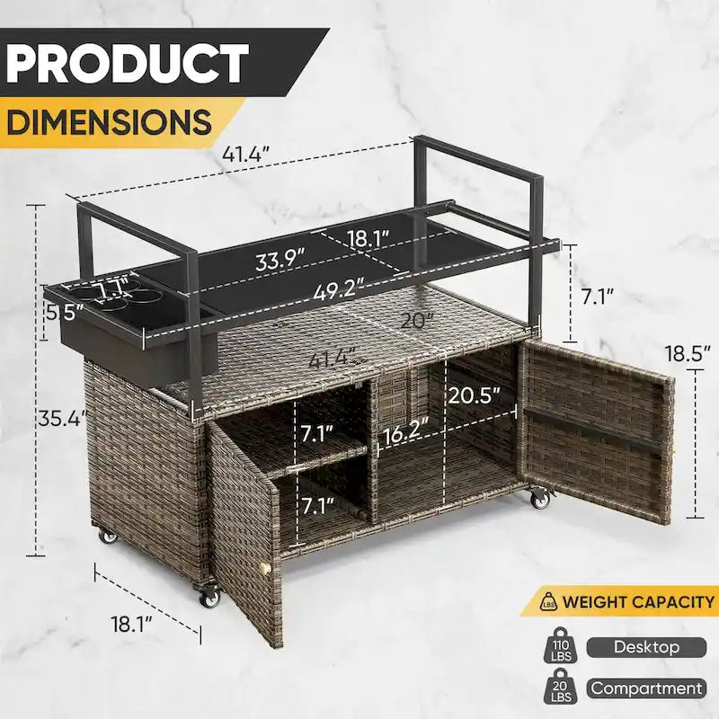 Outdoor Grill Cart Table with Wheels, Wicker Kitchen Island