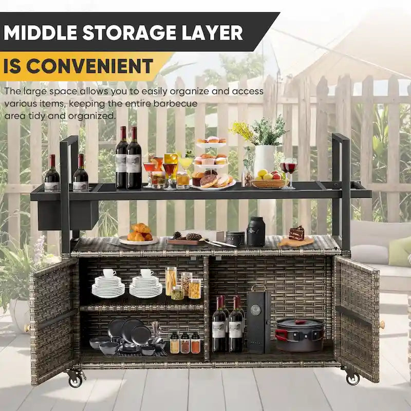 Outdoor Grill Cart Table with Wheels, Wicker Kitchen Island