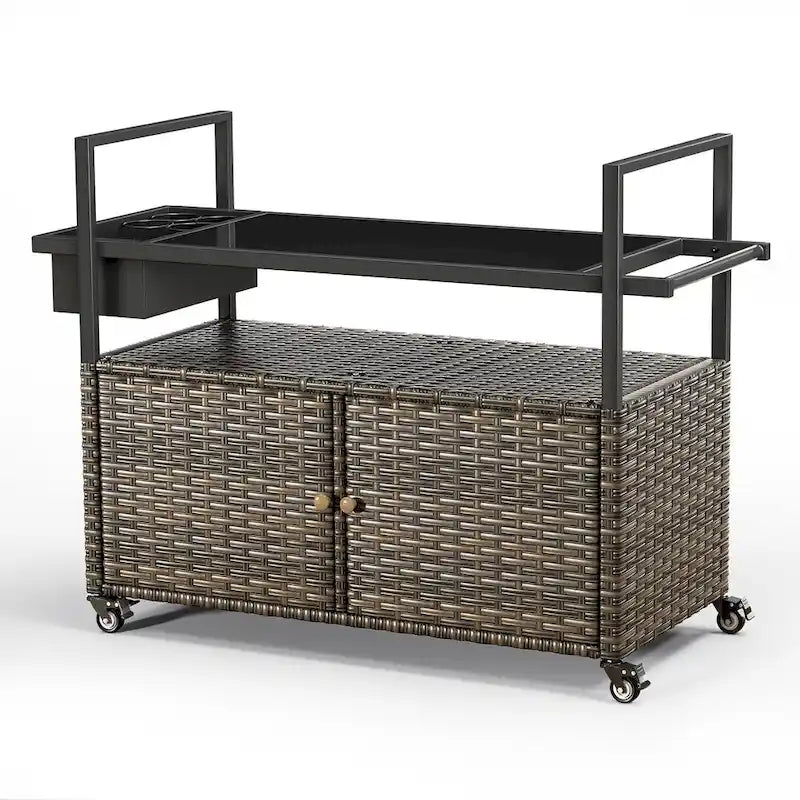 Outdoor Grill Cart Table with Wheels, Wicker Kitchen Island