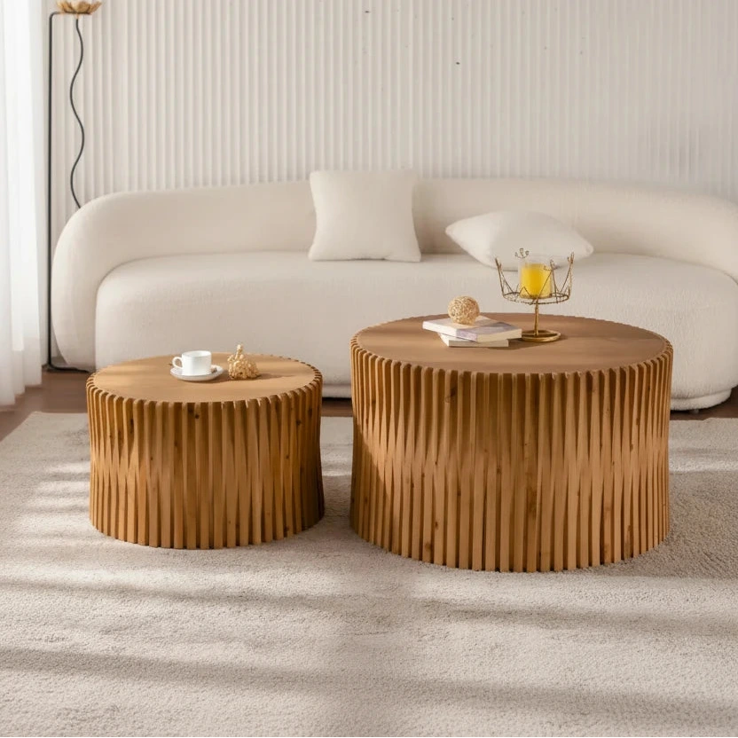 Cylindrical Nesting Coffee Table with Vertical Textured Embossed Design (Set of 2)