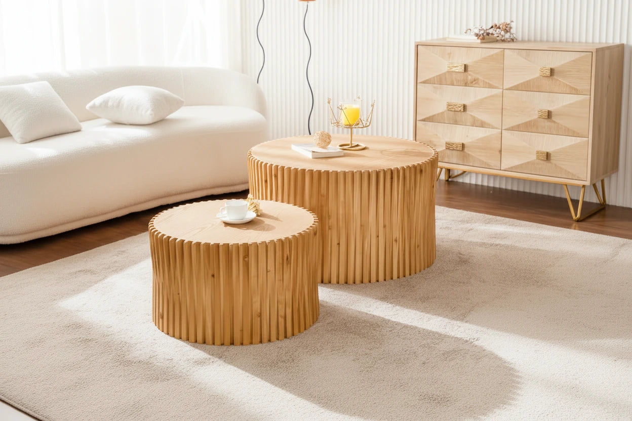 Cylindrical Nesting Coffee Table with Vertical Textured Embossed Design (Set of 2)