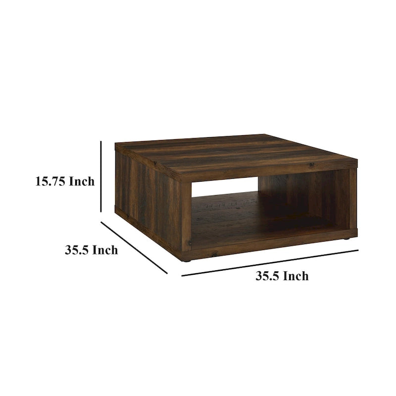 Square Cube Coffee Table with Open Shelf, Dark Brown, 36 Inch