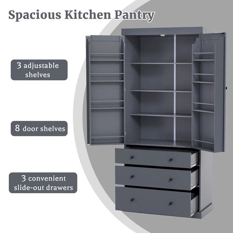 Kitchen Pantry Cabinet with 8 Doors Shelves, Wood Storage Cabinet with 3 Storage Drawers, Cupboard with Adjustable Shelves