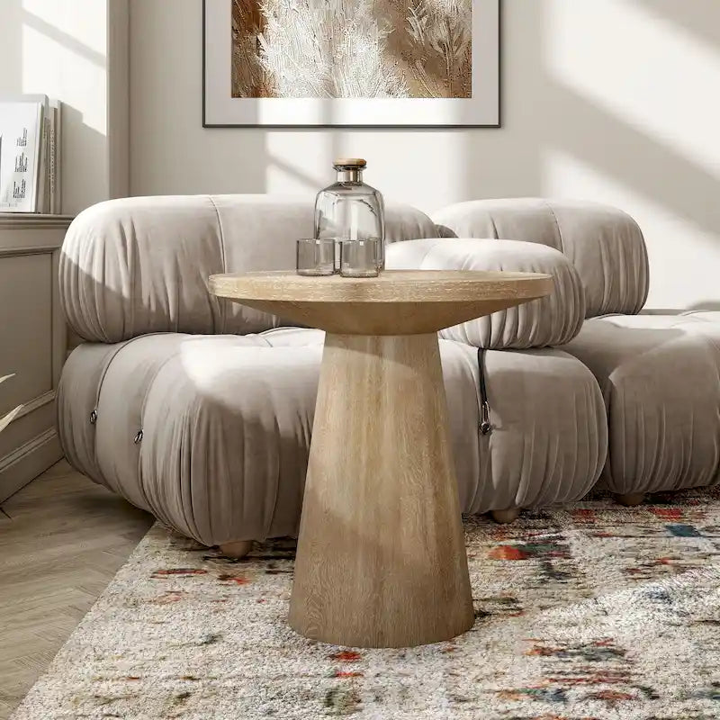 Round Natural Wood End Table with Tapered Drum Base