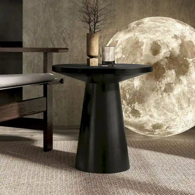 Round Natural Wood End Table with Tapered Drum Base