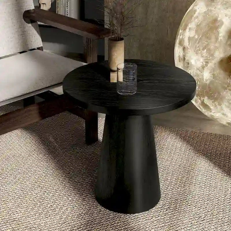 Round Natural Wood End Table with Tapered Drum Base