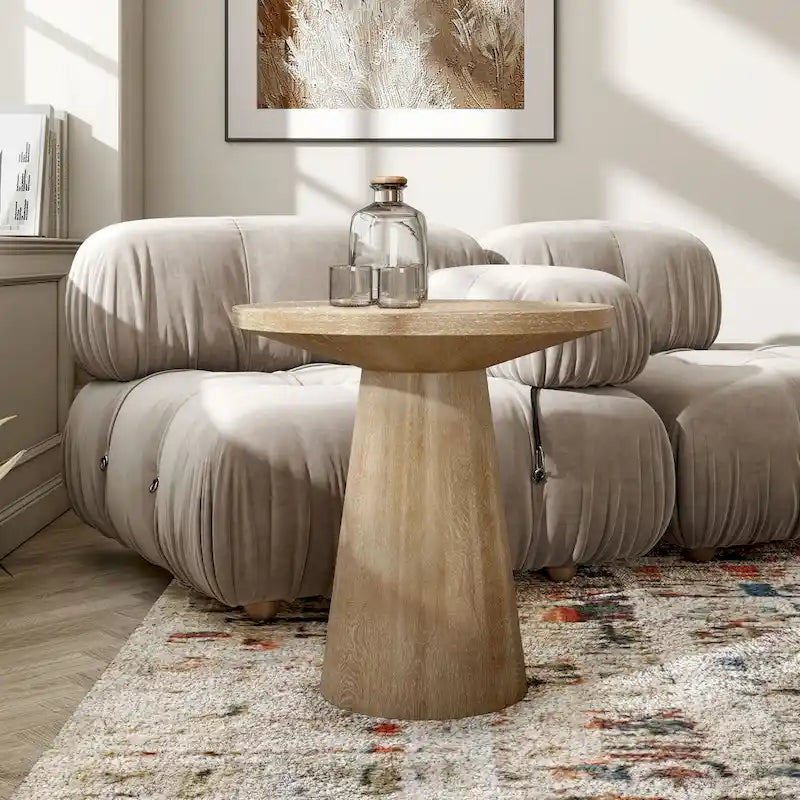 Round Natural Wood End Table with Tapered Drum Base