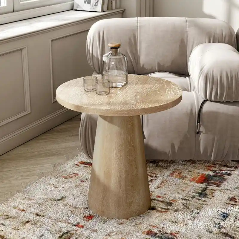 Round Natural Wood End Table with Tapered Drum Base