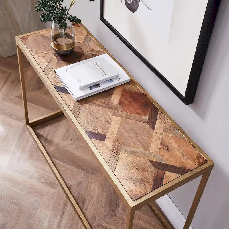 Herringbone Wood Top Console Table with Gold Metal Frame