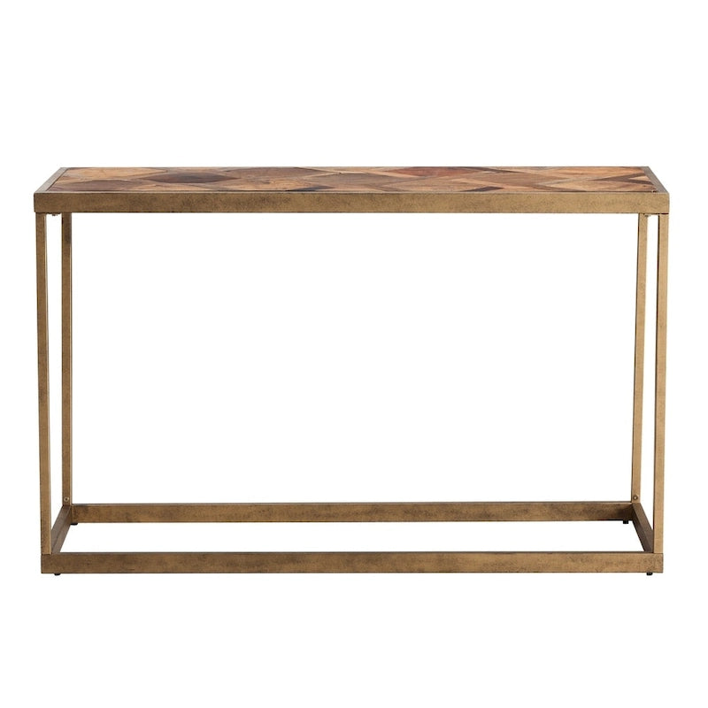 Herringbone Wood Top Console Table with Gold Metal Frame
