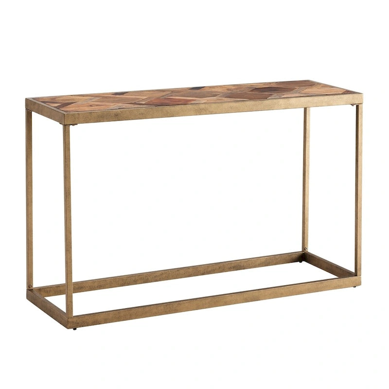 Herringbone Wood Top Console Table with Gold Metal Frame