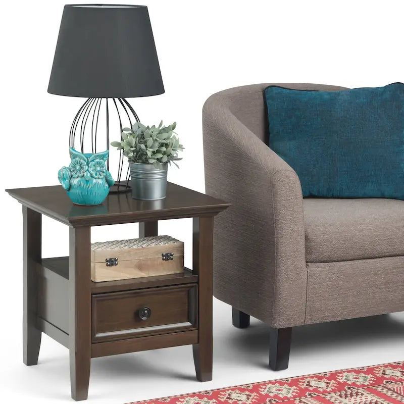 Solid Wood End Table with Drawer and Open Shelf, 19W x 19D x 20H in