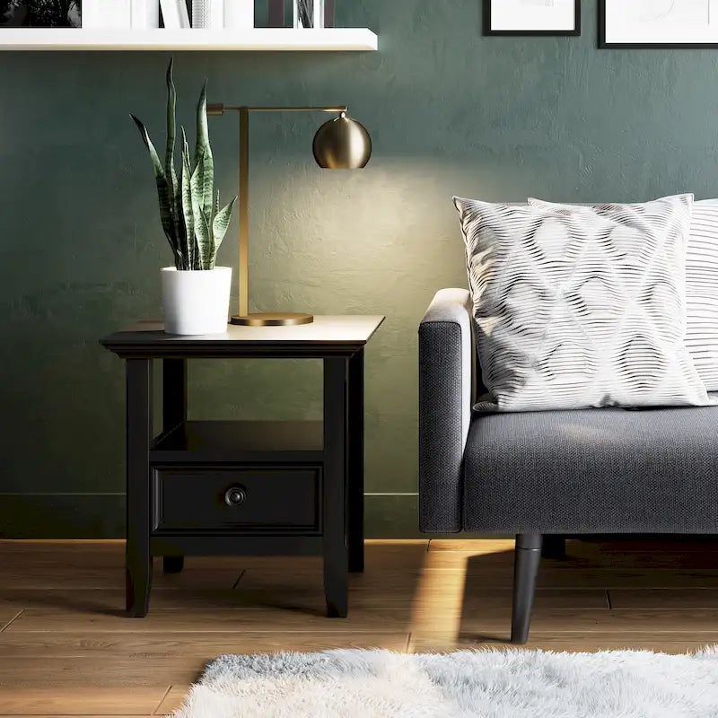 Solid Wood End Table with Drawer and Open Shelf, 19W x 19D x 20H in