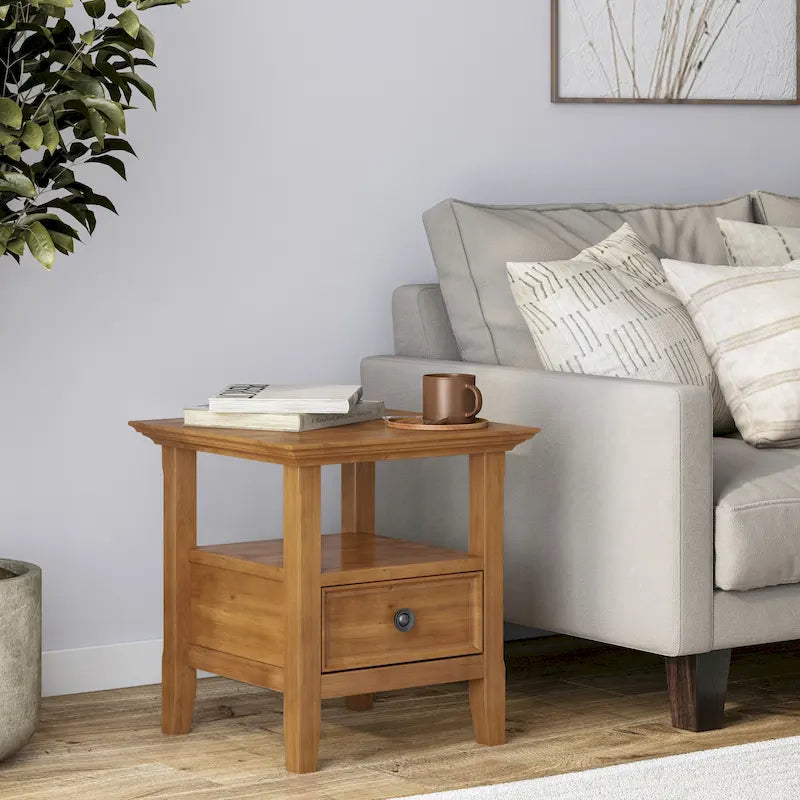 Solid Wood End Table with Drawer and Open Shelf, 19W x 19D x 20H in