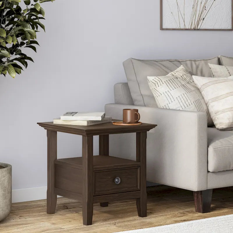 Solid Wood End Table with Drawer and Open Shelf, 19W x 19D x 20H in