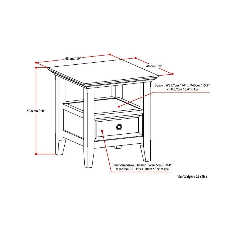 Solid Wood End Table with Drawer and Open Shelf, 19W x 19D x 20H in