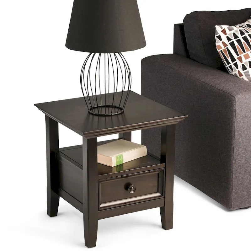 Solid Wood End Table with Drawer and Open Shelf, 19W x 19D x 20H in