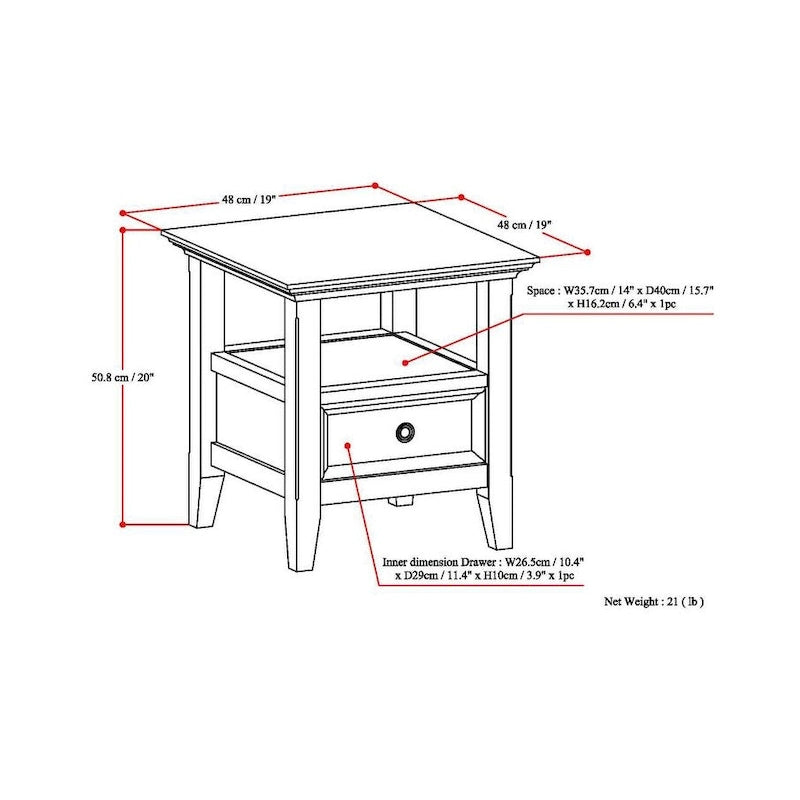 Solid Wood End Table with Drawer and Open Shelf, 19W x 19D x 20H in