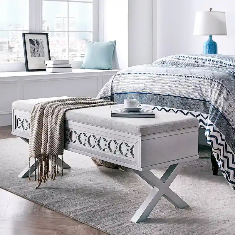 Mirrored Diamond Filigree X Base Lift Top Storage Bench