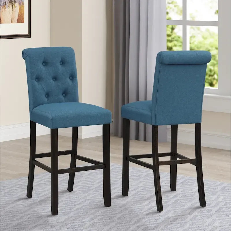Blue Fabric Roll-Top Bar Chair with Dark Wood Legs, Set of 2