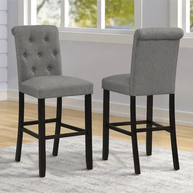 Blue Fabric Roll-Top Bar Chair with Dark Wood Legs, Set of 2
