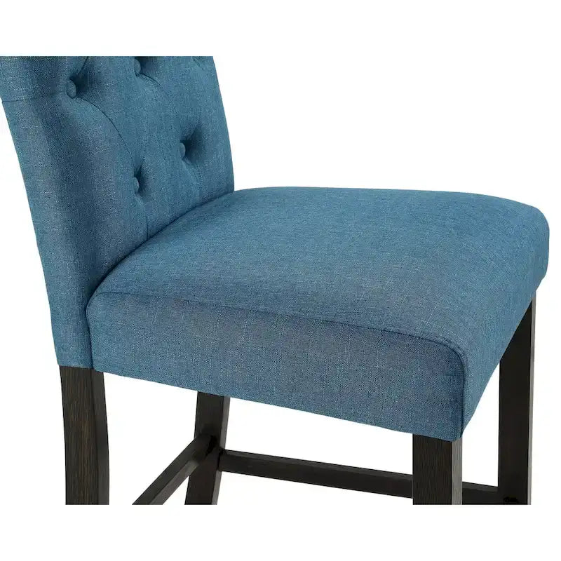 Blue Fabric Roll-Top Bar Chair with Dark Wood Legs, Set of 2