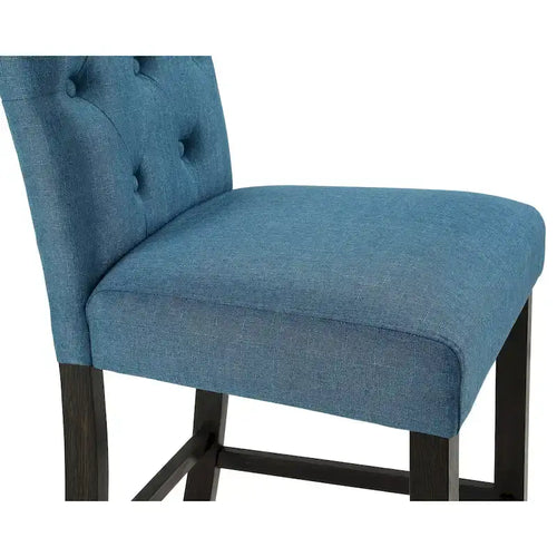 Blue Fabric Roll-Top Bar Chair with Dark Wood Legs, Set of 2