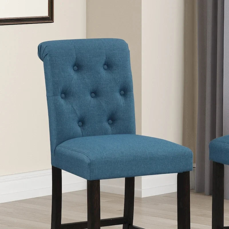 Blue Fabric Roll-Top Bar Chair with Dark Wood Legs, Set of 2