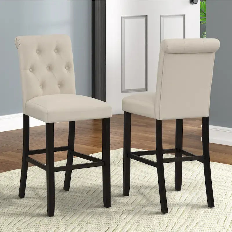 Blue Fabric Roll-Top Bar Chair with Dark Wood Legs, Set of 2
