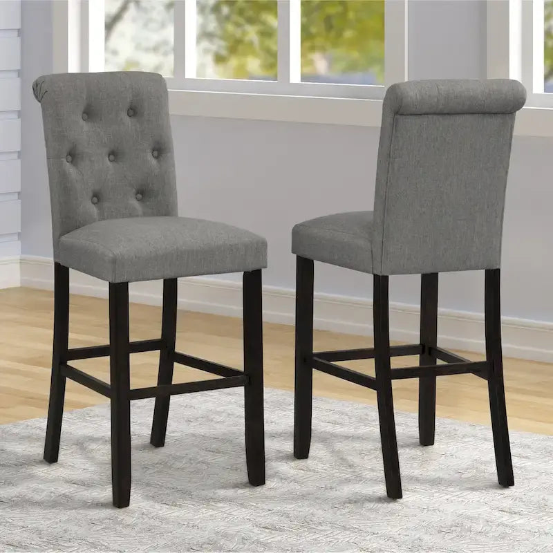 Blue Fabric Roll-Top Bar Chair with Dark Wood Legs, Set of 2