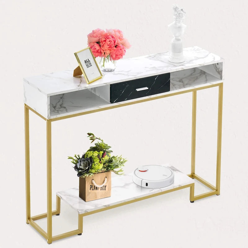 Narrow Console Table with Drawer and Shelves, Marble Top Gold Legs