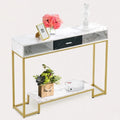 Narrow Console Table with Drawer and Shelves, Marble Top Gold Legs