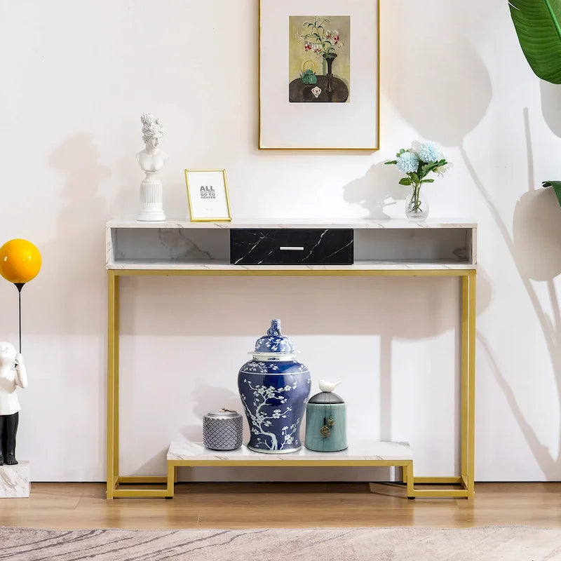Narrow Console Table with Drawer and Shelves, Marble Top Gold Legs
