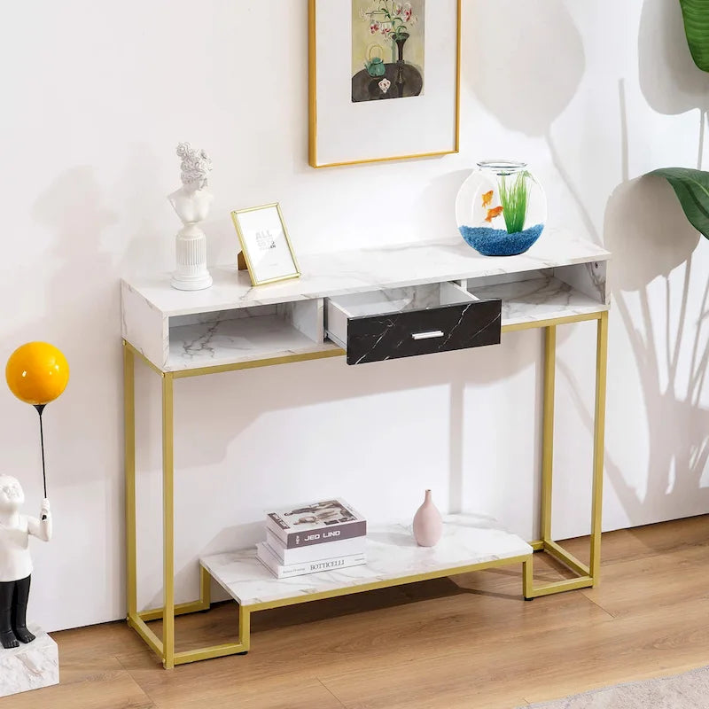 Narrow Console Table with Drawer and Shelves, Marble Top Gold Legs