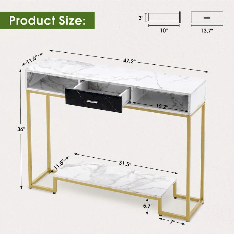 Narrow Console Table with Drawer and Shelves, Marble Top Gold Legs