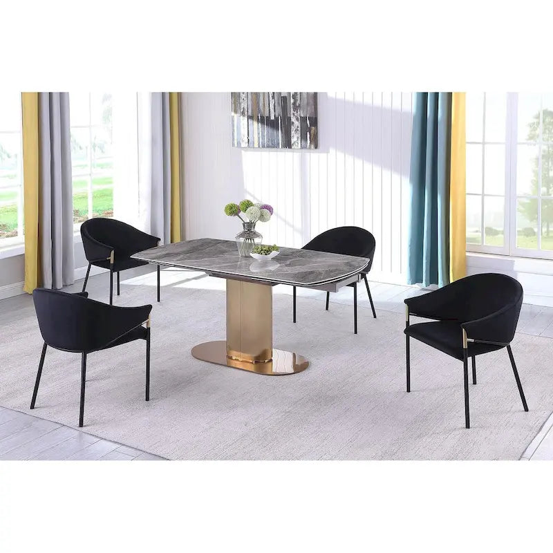 Extendable Gray Marble Ceramic Top Dining Table with Gold Pedestal Base
