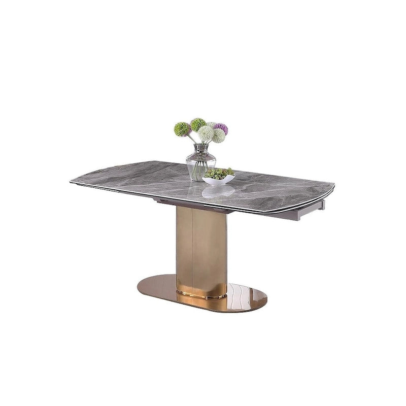 Extendable Gray Marble Ceramic Top Dining Table with Gold Pedestal Base
