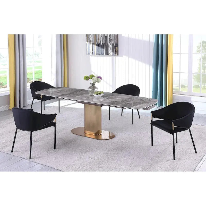 Extendable Gray Marble Ceramic Top Dining Table with Gold Pedestal Base
