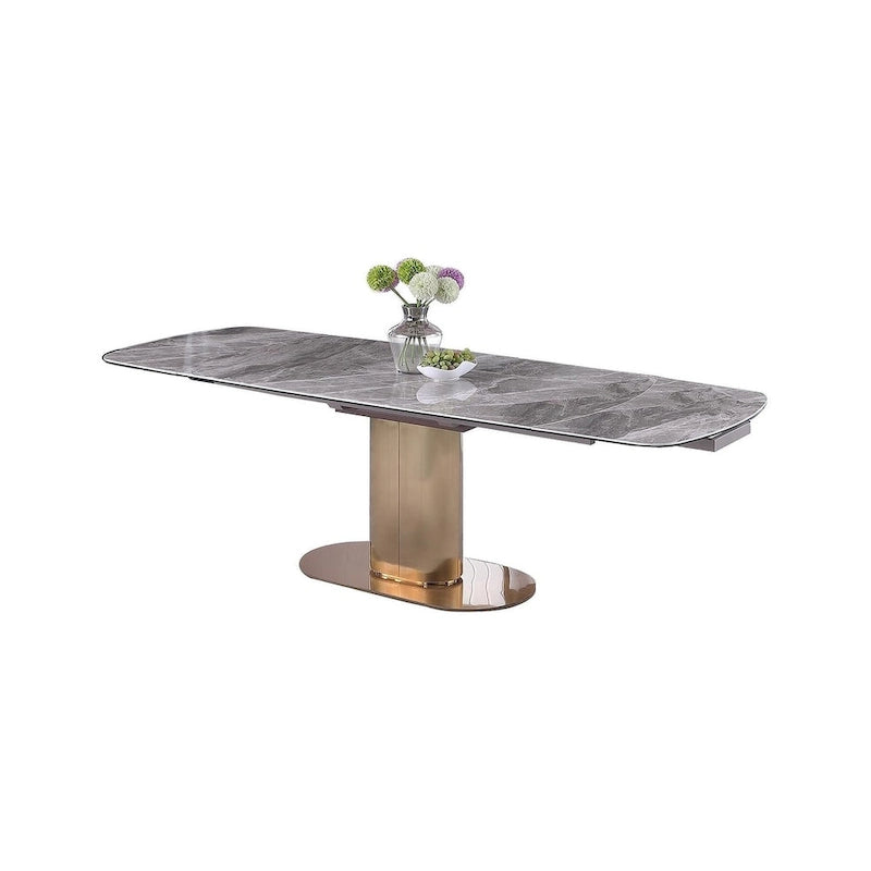 Extendable Gray Marble Ceramic Top Dining Table with Gold Pedestal Base