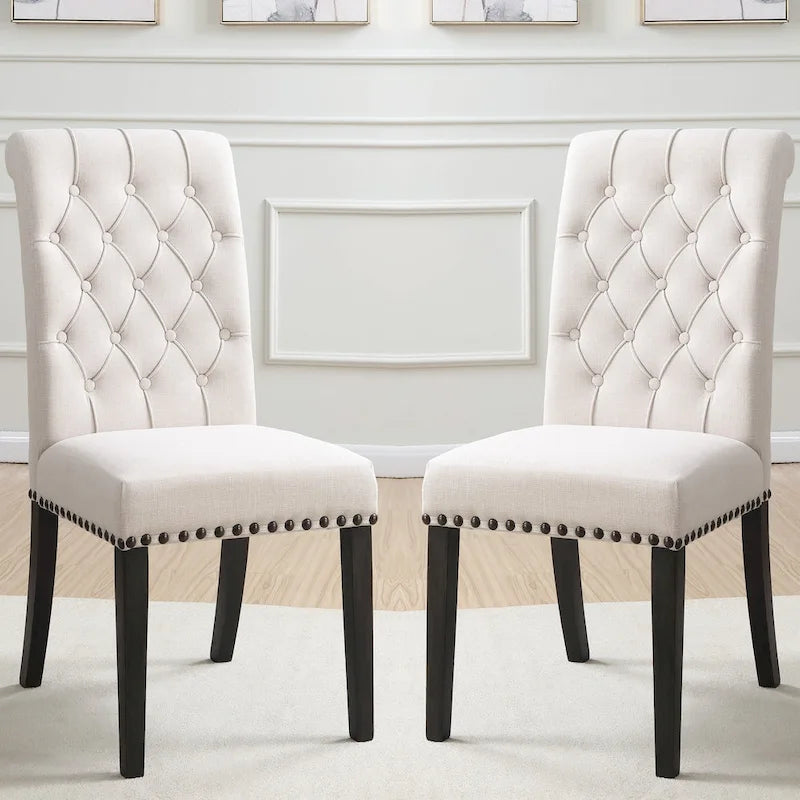 Rolled Back Design Button Tufted Beige Dining Chairs with Nailhead Trim (Set of 2)