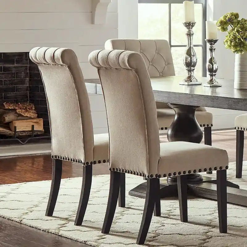 Ivory High-Back Button Tufted Dining Chair with Nailhead Trim, Set of 2